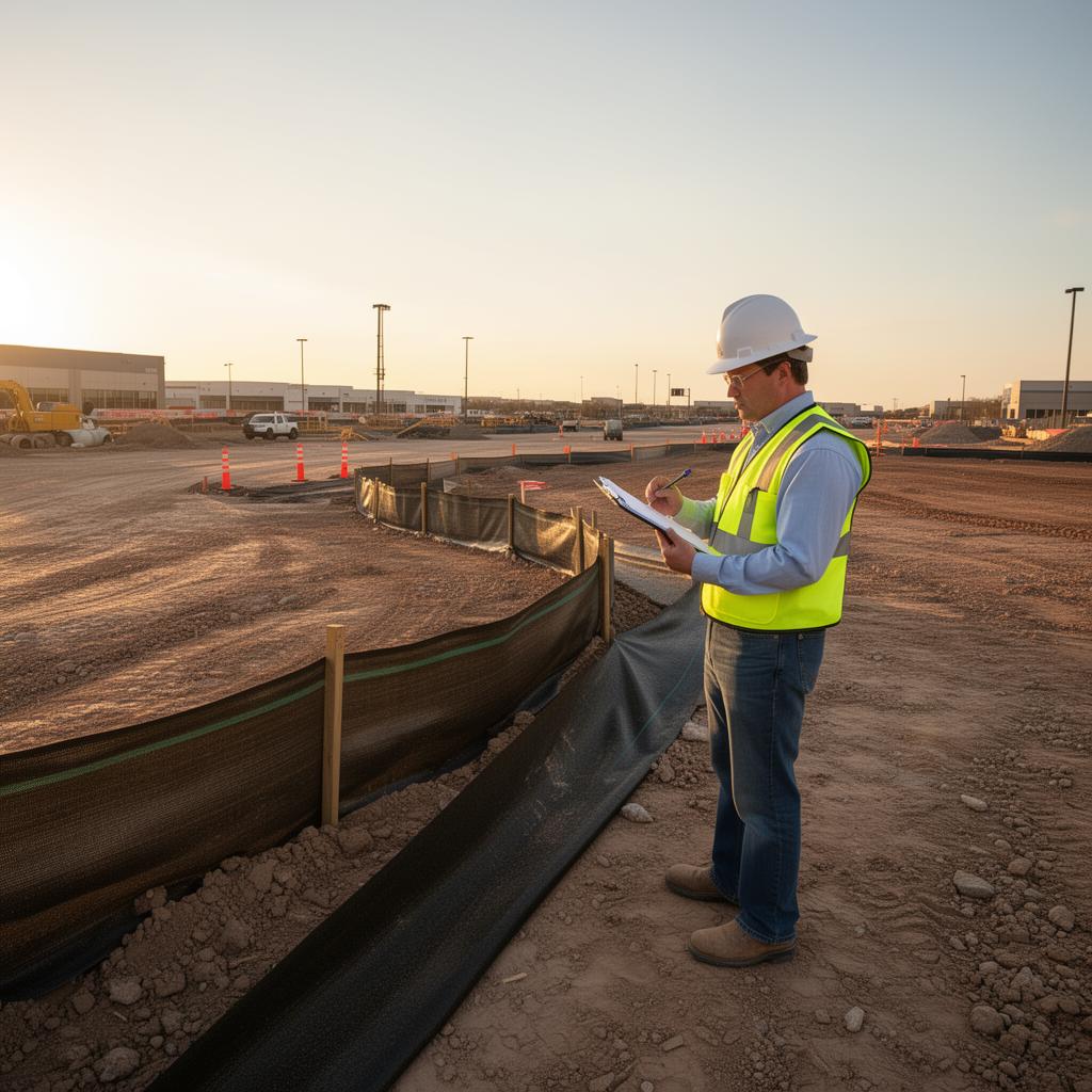 Construction site SWPPP inspector reviewing silt fence