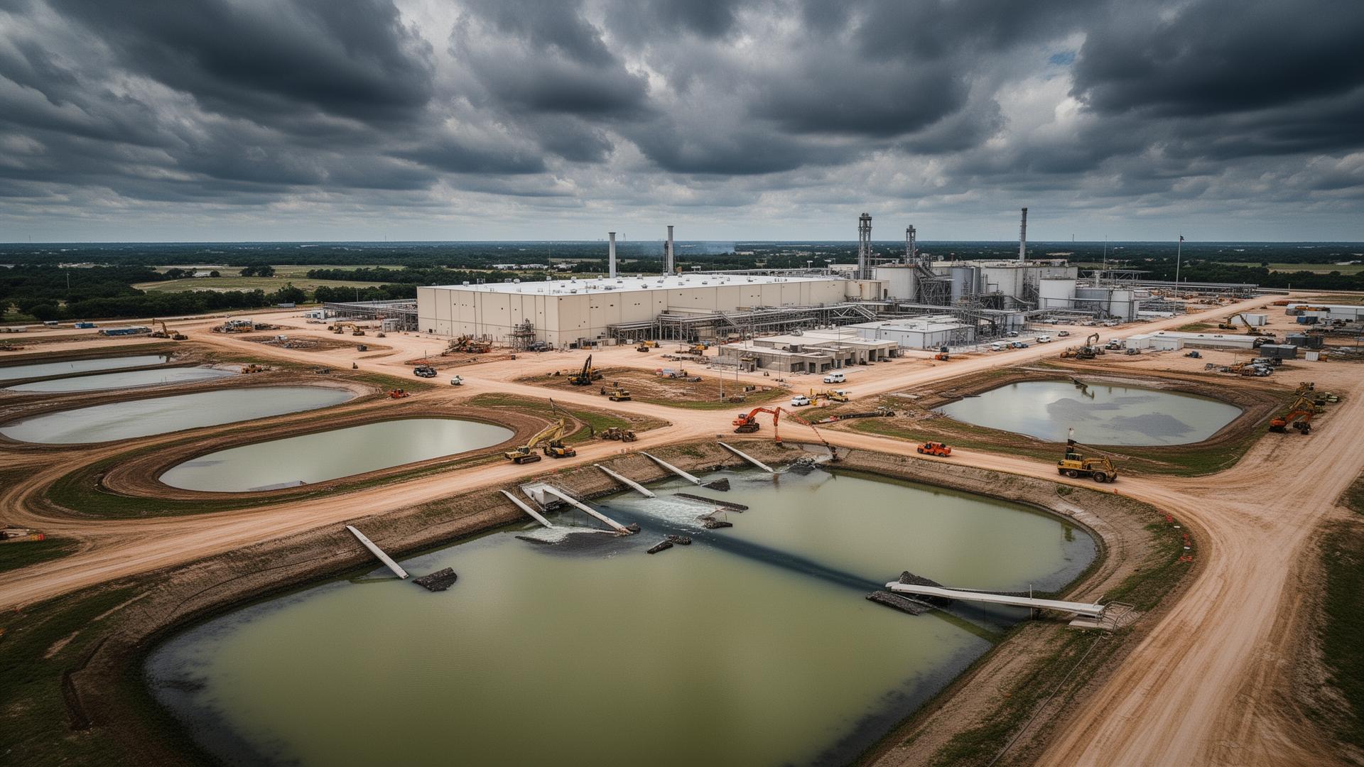 Aerial view of Texas industrial facility with stormwater retention ponds
